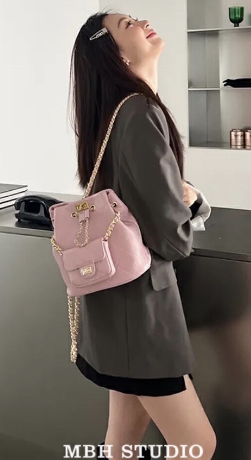 MBH Genuine Leather Quilted Bucket Backpack with Pouch - Image 2