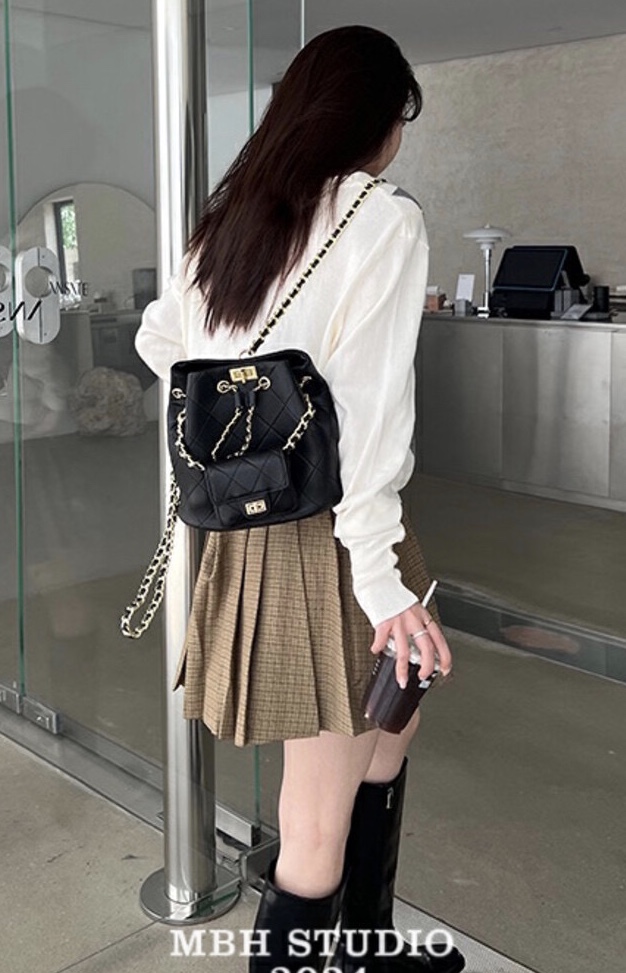 MBH Genuine Leather Quilted Bucket Backpack with Pouch - Image 3