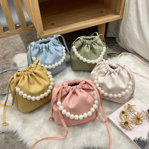 Women's Drawstring Pearl Bucket Bag 2024 New Small Square Shoulder Handbag for Phone and Cosmetics