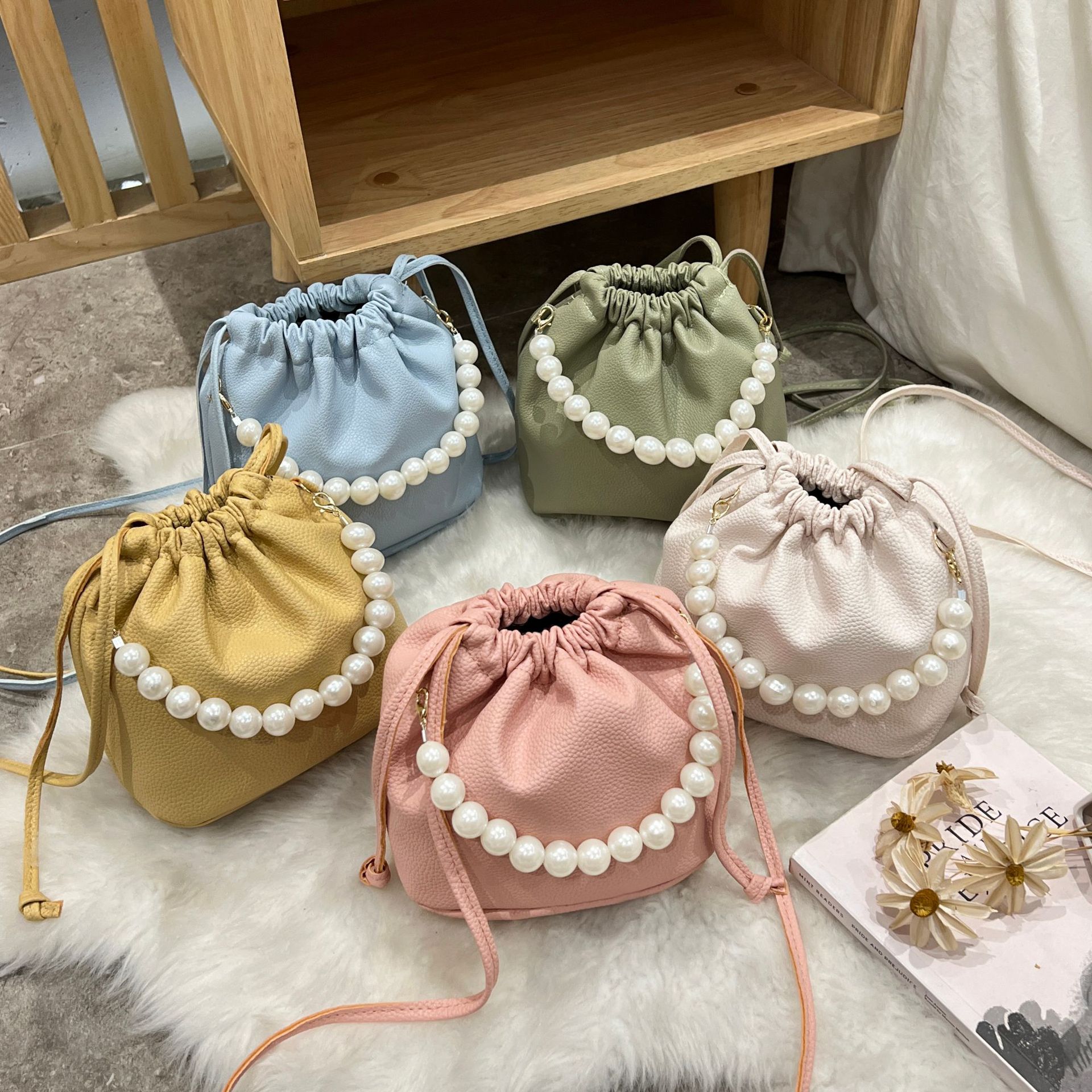 Women's Drawstring Pearl Bucket Bag 2024 New Small Square Shoulder Handbag for Phone and Cosmetics