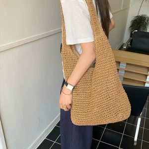 MBH Handwoven Straw Tote Bag Large Capacity Shoulder Beach Bag