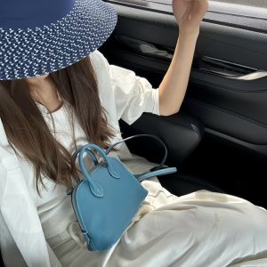 MBH French Grain Top Layer Cowhide Hand Stitched Waxed Thread Mini Bowling Shell Bag Handbag Crossbody with Shoulder Strap