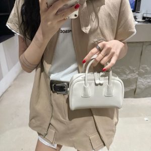 MBH Minimalist Vegetable-Tanned Leather Mini Bowling Handbag Crossbody Bag with Shoulder Strap