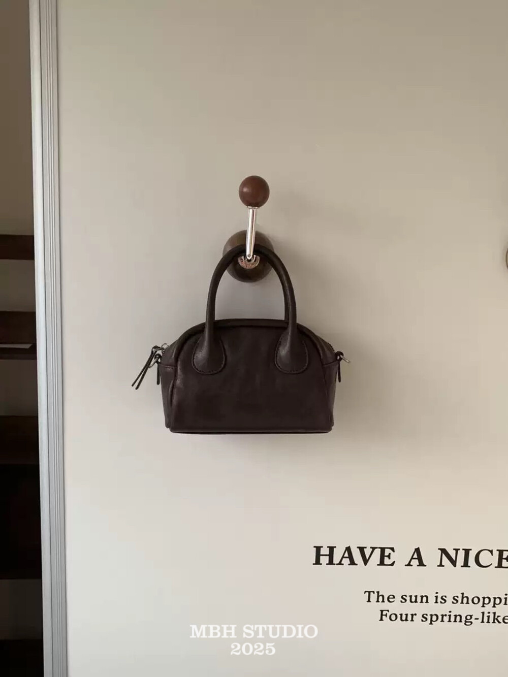 MBH Top Grain Leather Boston Bowling Bag Minimalist Crossbody Handbag with Strap - Image 2