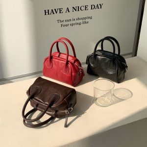 MBH Top Grain Leather Boston Bowling Bag Minimalist Crossbody Handbag with Strap