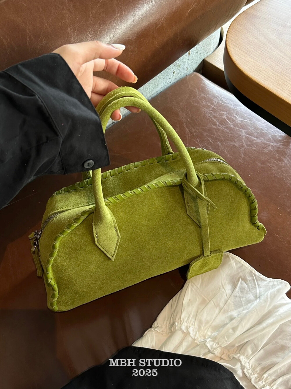 MBH Dopamine Frosted Leather Handwoven Boston Bowling Bag Crossbody Handbag - Image 3