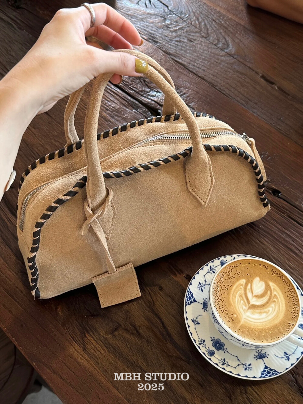 MBH Dopamine Frosted Leather Handwoven Boston Bowling Bag Crossbody Handbag