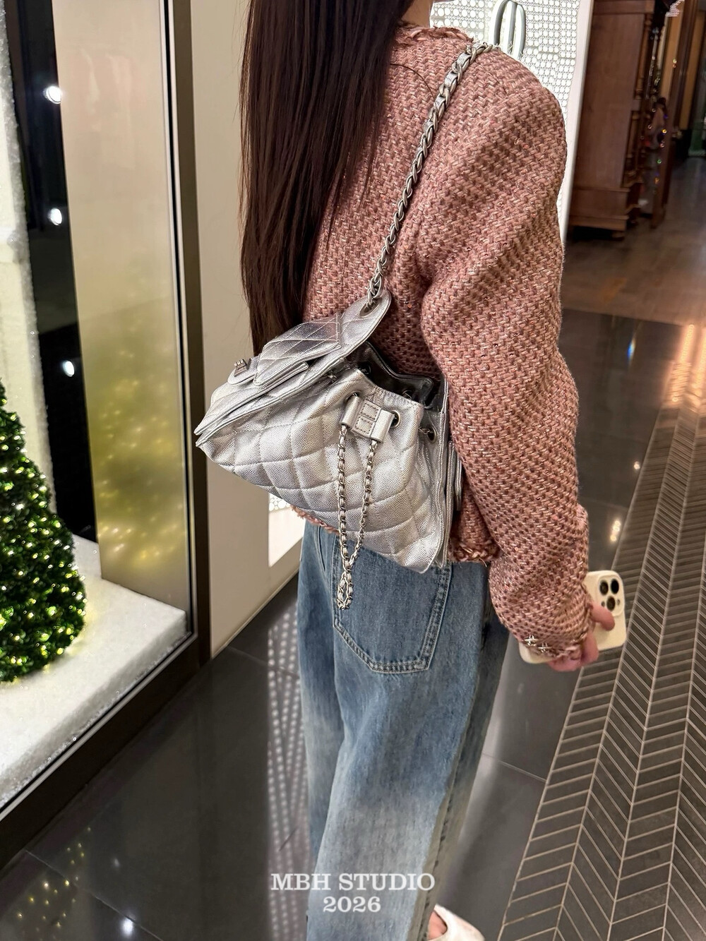 Silver Quilted Chain Mini Hobo Bag with Square Buckle - Image 3