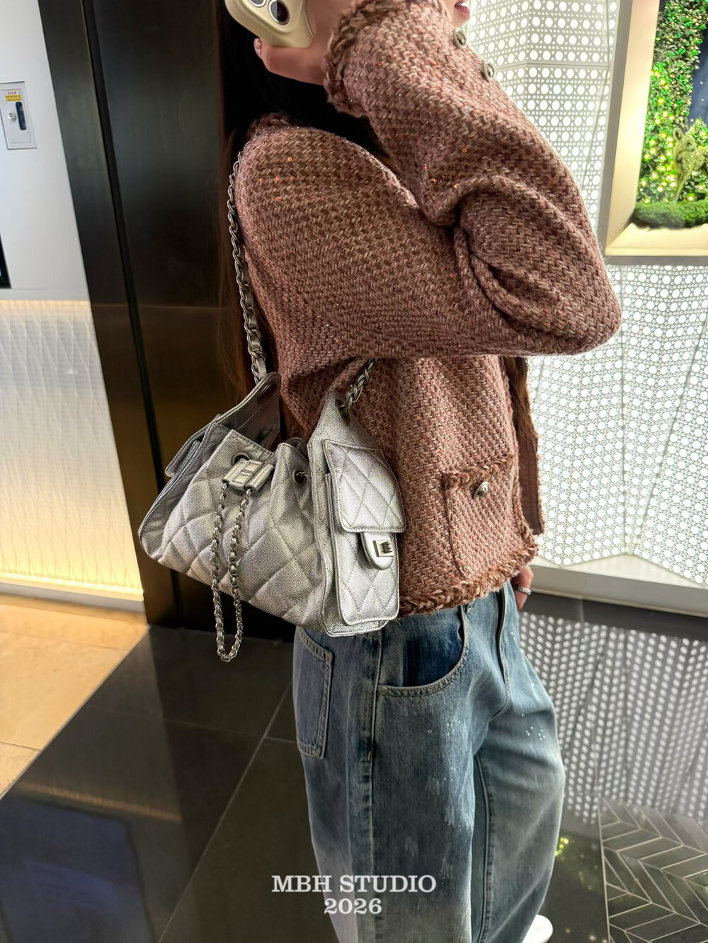 Silver Quilted Chain Mini Hobo Bag with Square Buckle