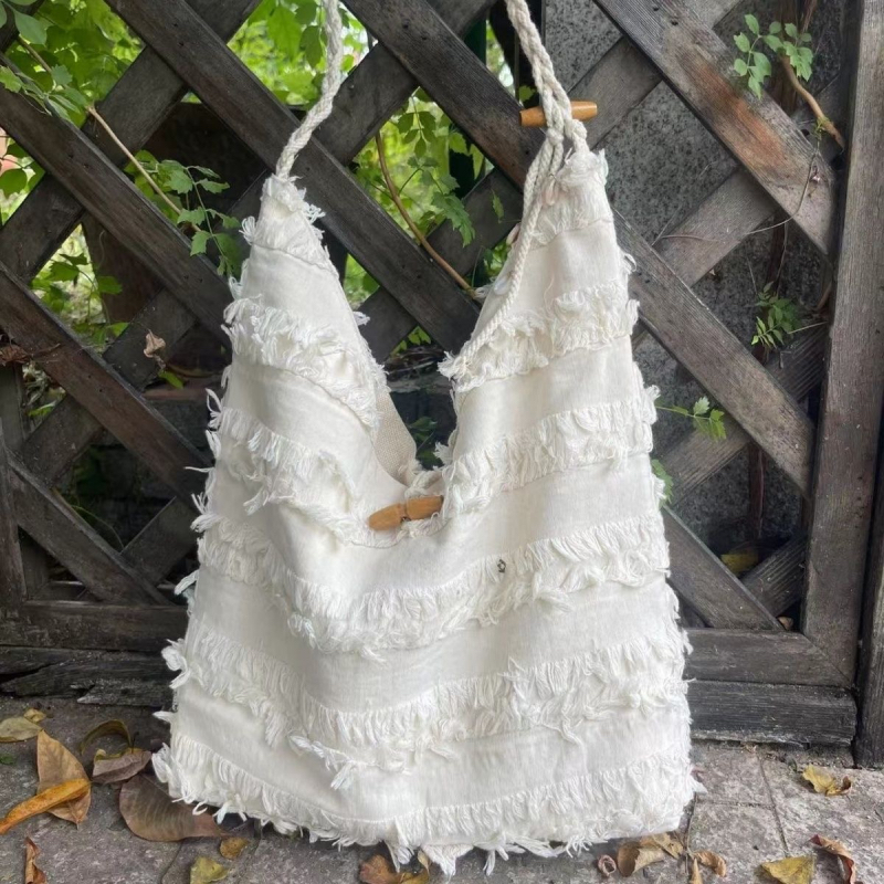 NO MORE Cotton Linen Fringe Chinese Character Crossbody Travel Hobo Bag Large Capacity - Image 2