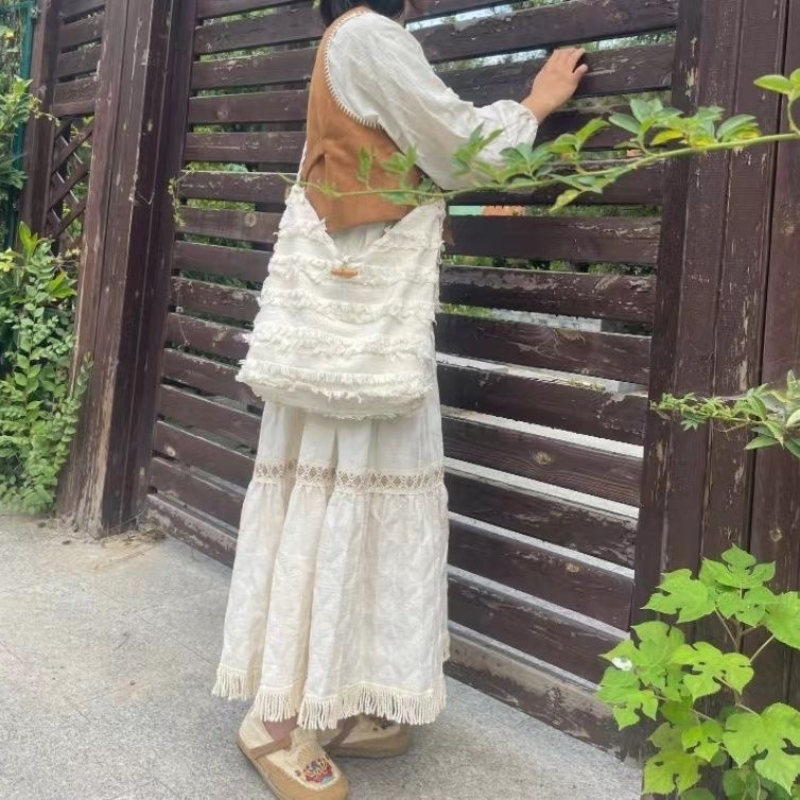 NO MORE Cotton Linen Fringe Chinese Character Crossbody Travel Hobo Bag Large Capacity - Image 4