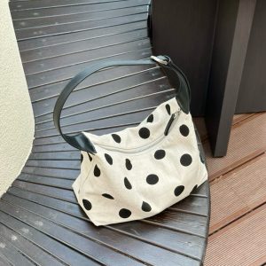 MBH Linen Polka Dot Hobo Bag French Slouchy Large Capacity Commuter Shoulder Bag